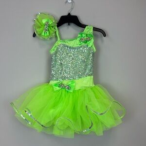 Size 1C Hologram Dress Weissman Dance Costume Tutu Leotard Lime Green EUC
